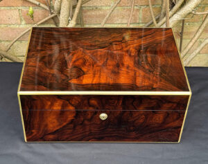 Overhead view of a large antique document & jewellery box in rosewood by Edwards.