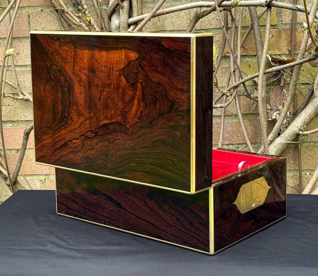 Rear opened view of a large antique document & jewellery box in rosewood by Edwards.