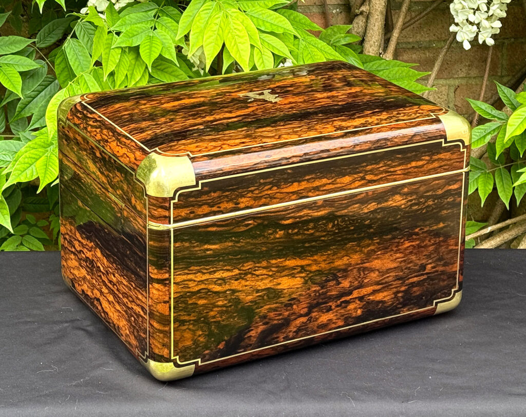 Rear right view of an extra large antique jewellery box in coromandel with Betjemann Patent 'automatic' mechanism, by Leuchars.