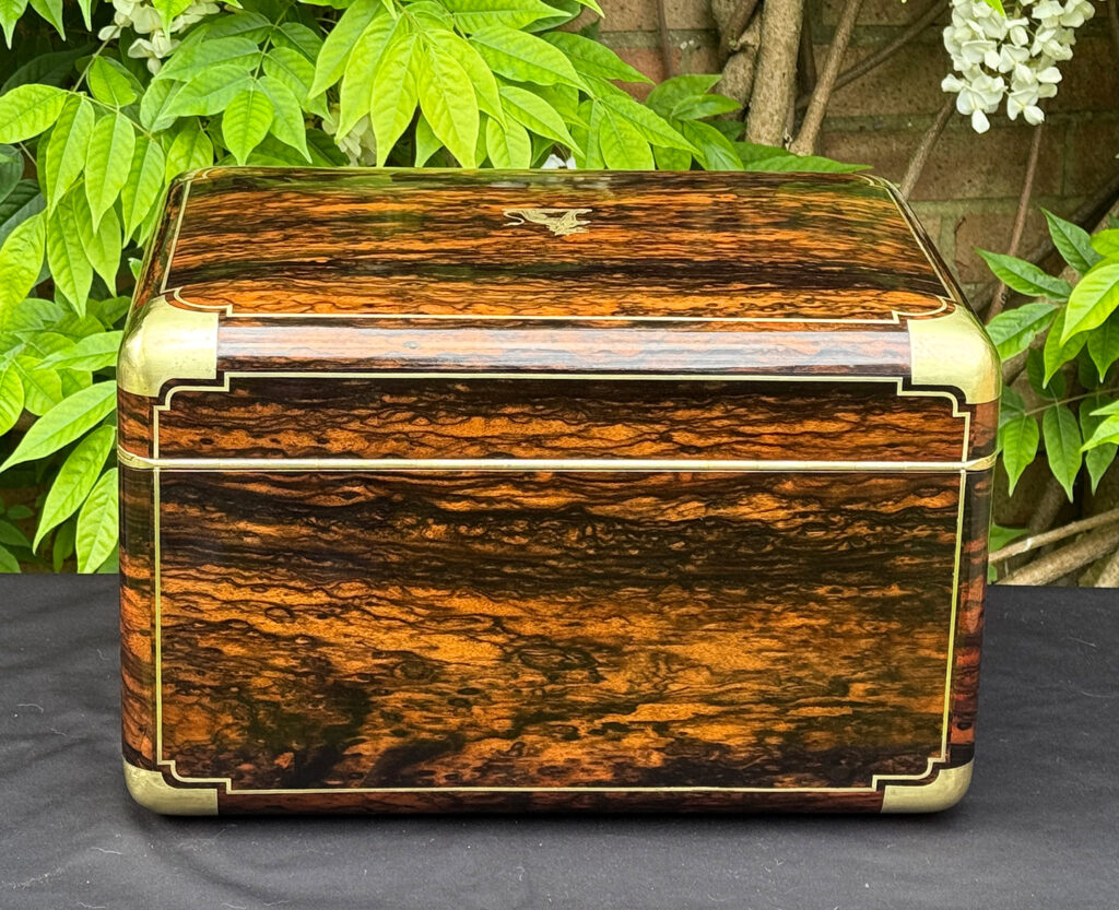 Rear view of an extra large antique jewellery box in coromandel with Betjemann Patent 'automatic' mechanism, by Leuchars.