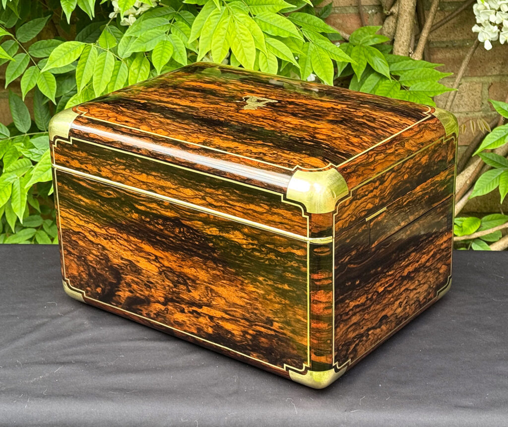 Rear left view of an extra large antique jewellery box in coromandel with Betjemann Patent 'automatic' mechanism, by Leuchars.