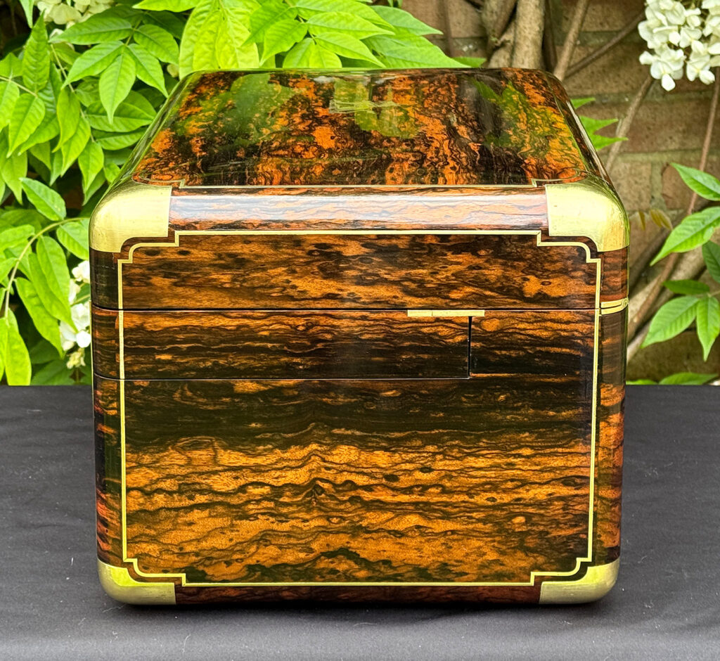Right side view of an extra large antique jewellery box in coromandel with Betjemann Patent 'automatic' mechanism, by Leuchars.