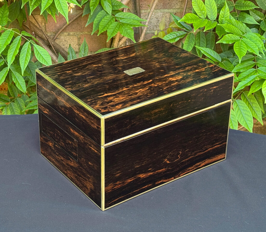 Rear right view of an antique jewellery box in coromandel with front & side drawer.