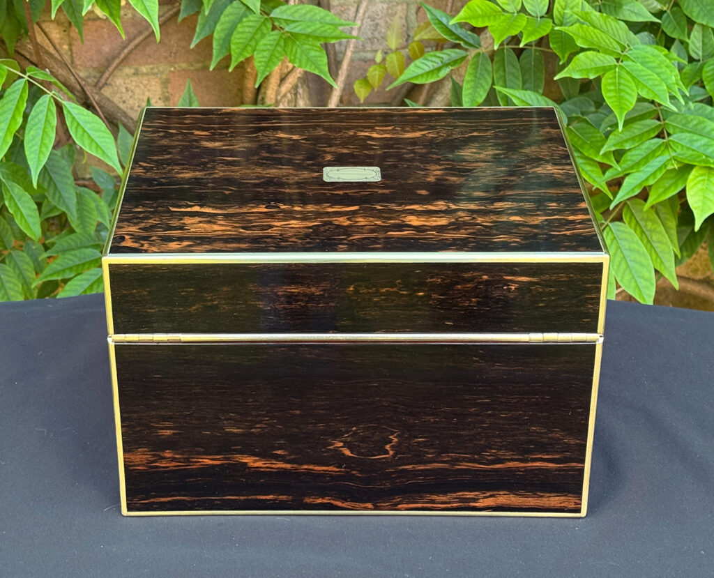 Rear view of an antique jewellery box in coromandel with front & side drawer.