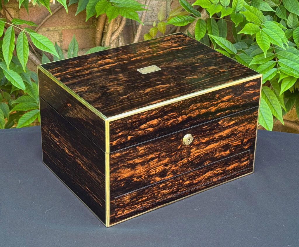 Front left view of an antique jewellery box in coromandel with front & side drawer.