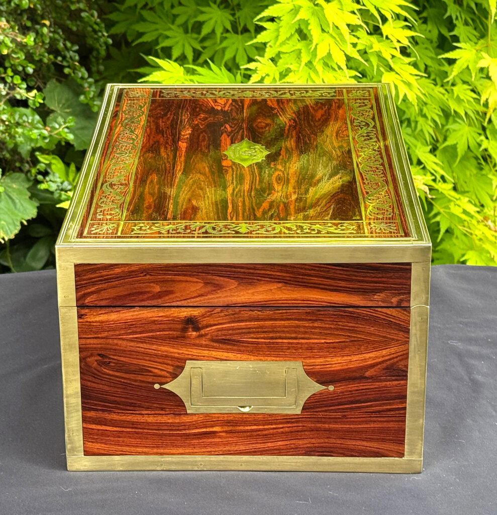 Right side view of an antique jewellery box in kingwood, by Wells & Lambe.