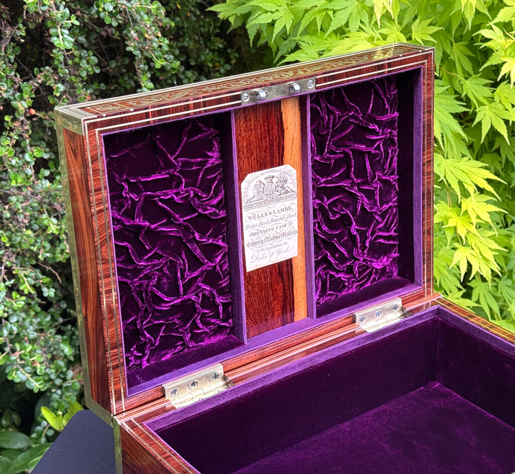 Closer interior view of an antique jewellery box in kingwood, by Wells & Lambe.