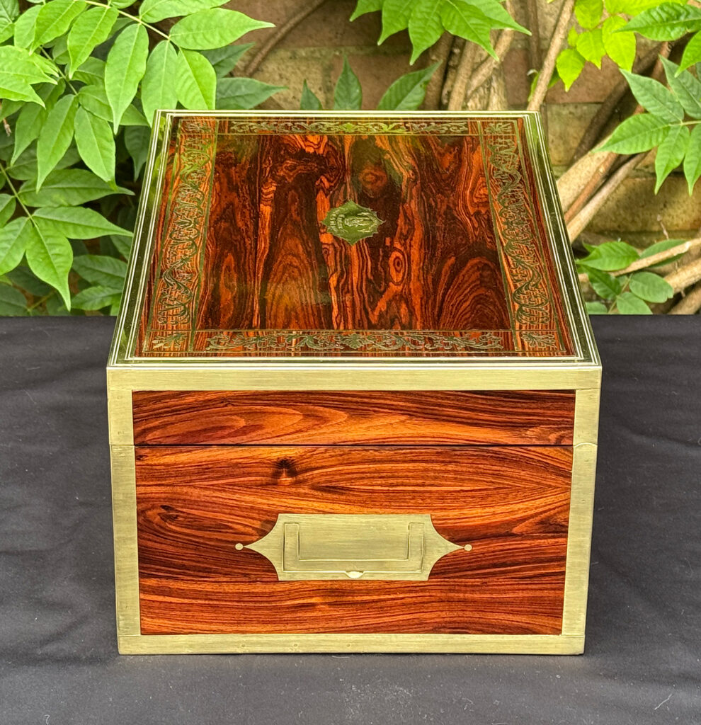 Right side view of an antique jewellery box in kingwood, by Wells & Lambe.