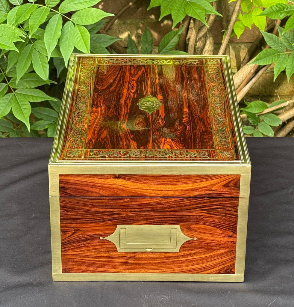 Left side view of an antique jewellery box in kingwood, by Wells & Lambe.