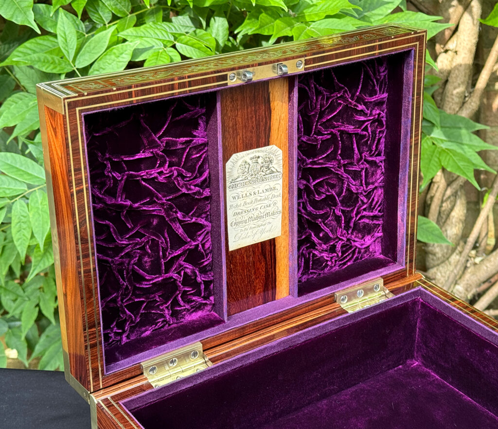 Closer interior view of an antique jewellery box in kingwood, by Wells & Lambe.