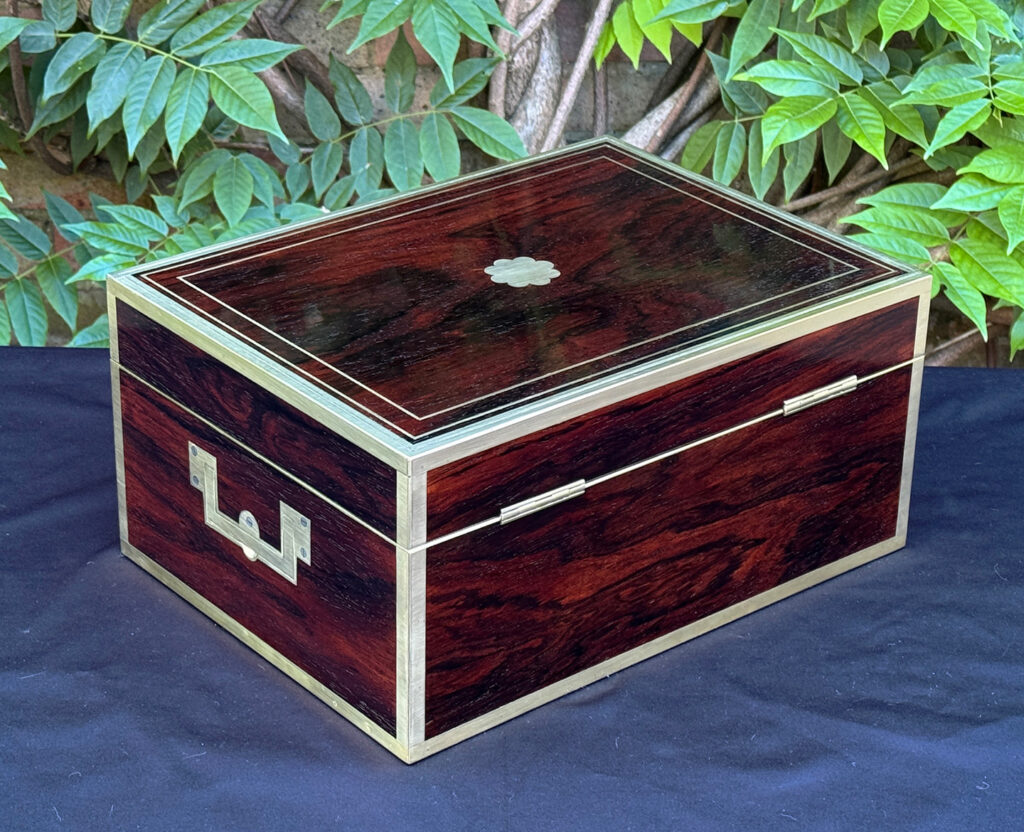 Rear right view of a magnificent antique 1814 dressing case in rosewood by David Edwards.