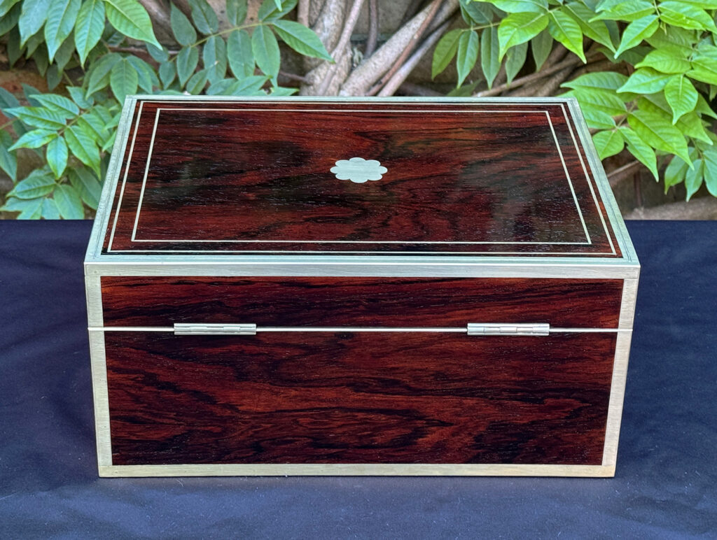 Rear view of a magnificent antique 1814 dressing case in rosewood by David Edwards.