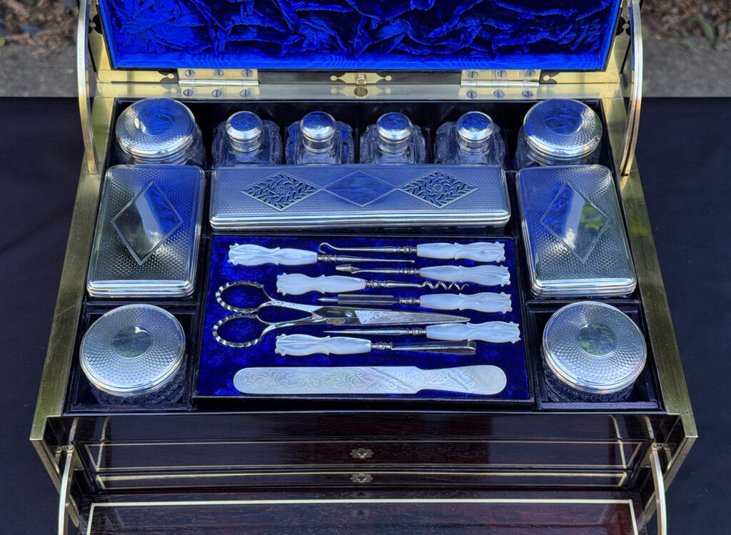 Close overhead interior view of a magnificent antique 1814 dressing case in rosewood by David Edwards.