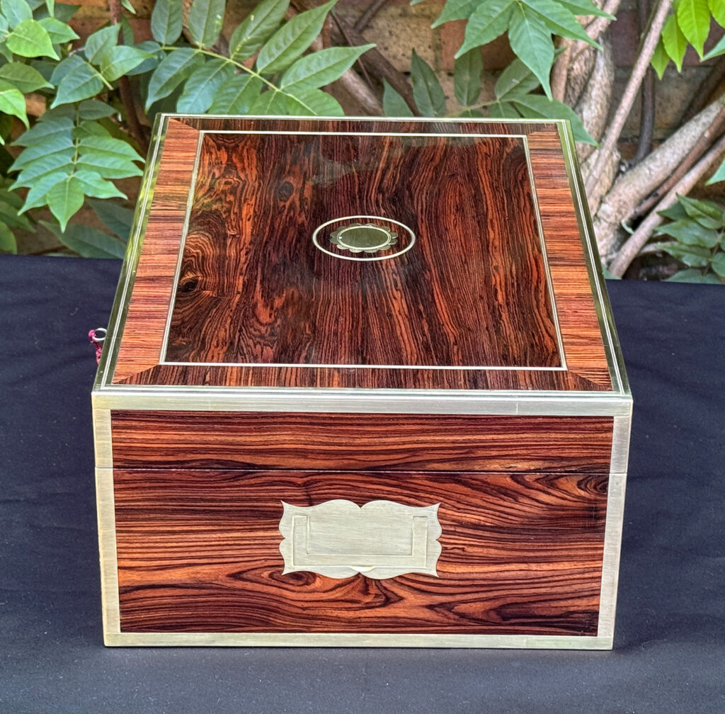 Right side view of an antique jewellery box in kingwood, by David Edwards.