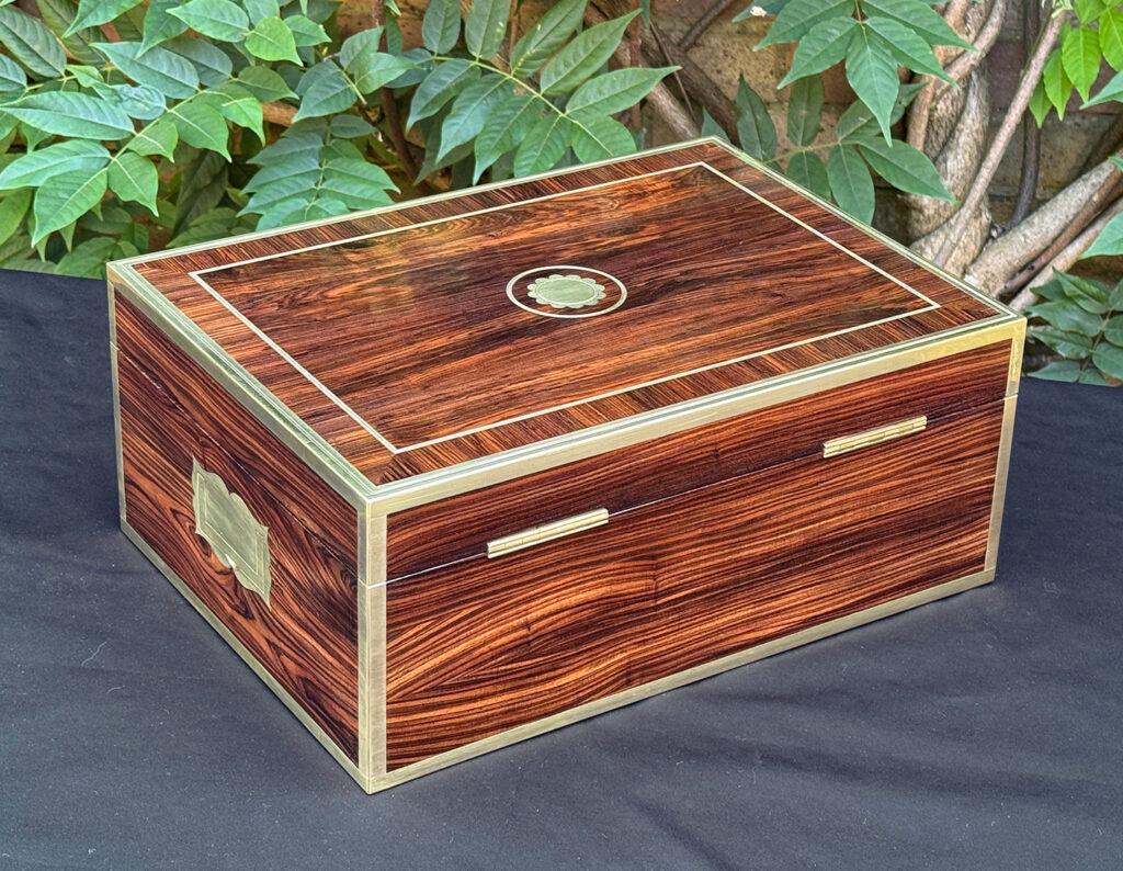 Rear right view of an antique jewellery box in kingwood, by David Edwards.