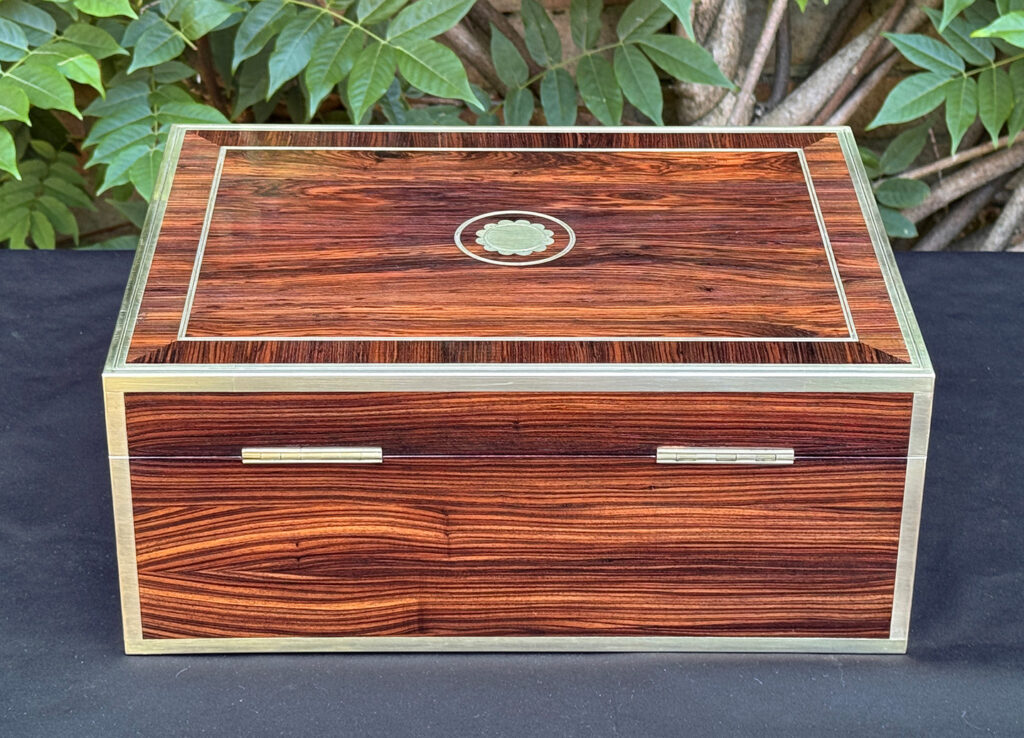Rear view of an antique jewellery box in kingwood, by David Edwards.