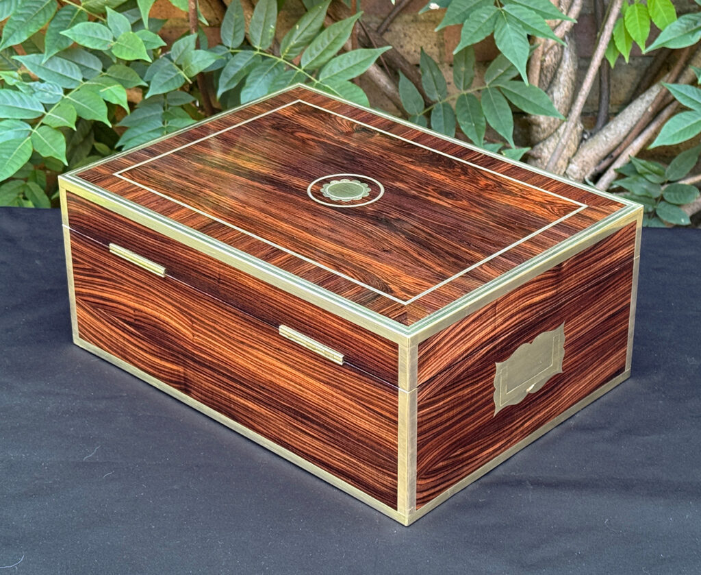 Rear left view of an antique jewellery box in kingwood, by David Edwards.