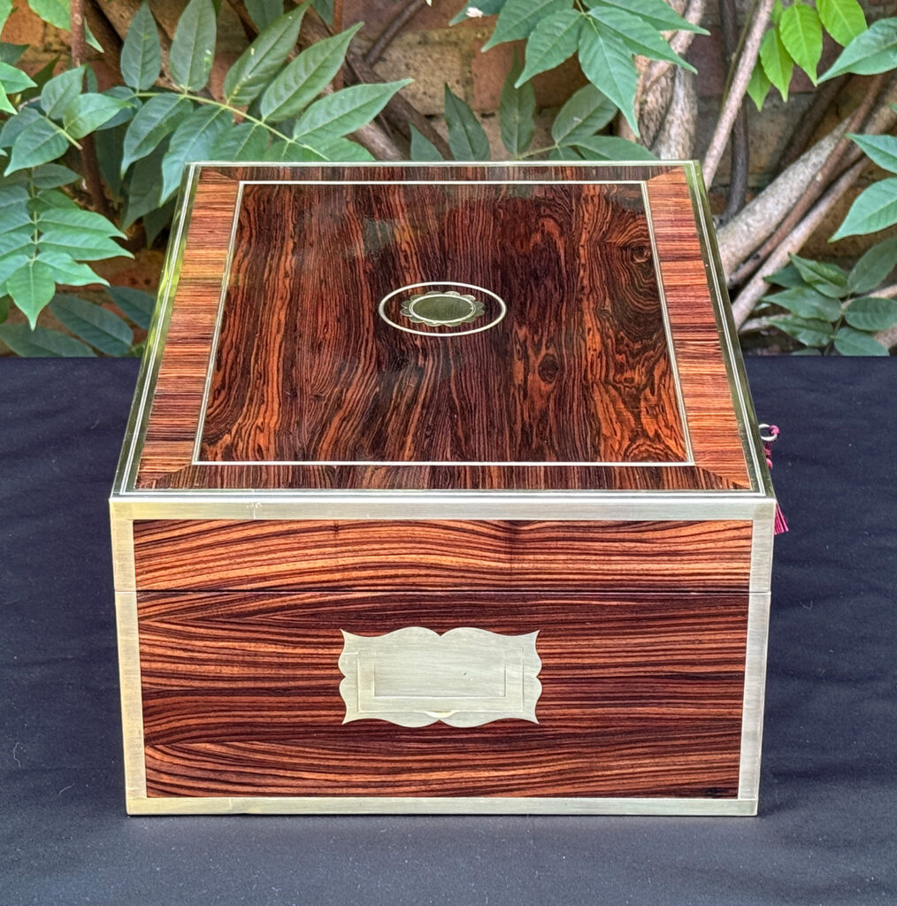 Left side view of an antique jewellery box in kingwood, by David Edwards.