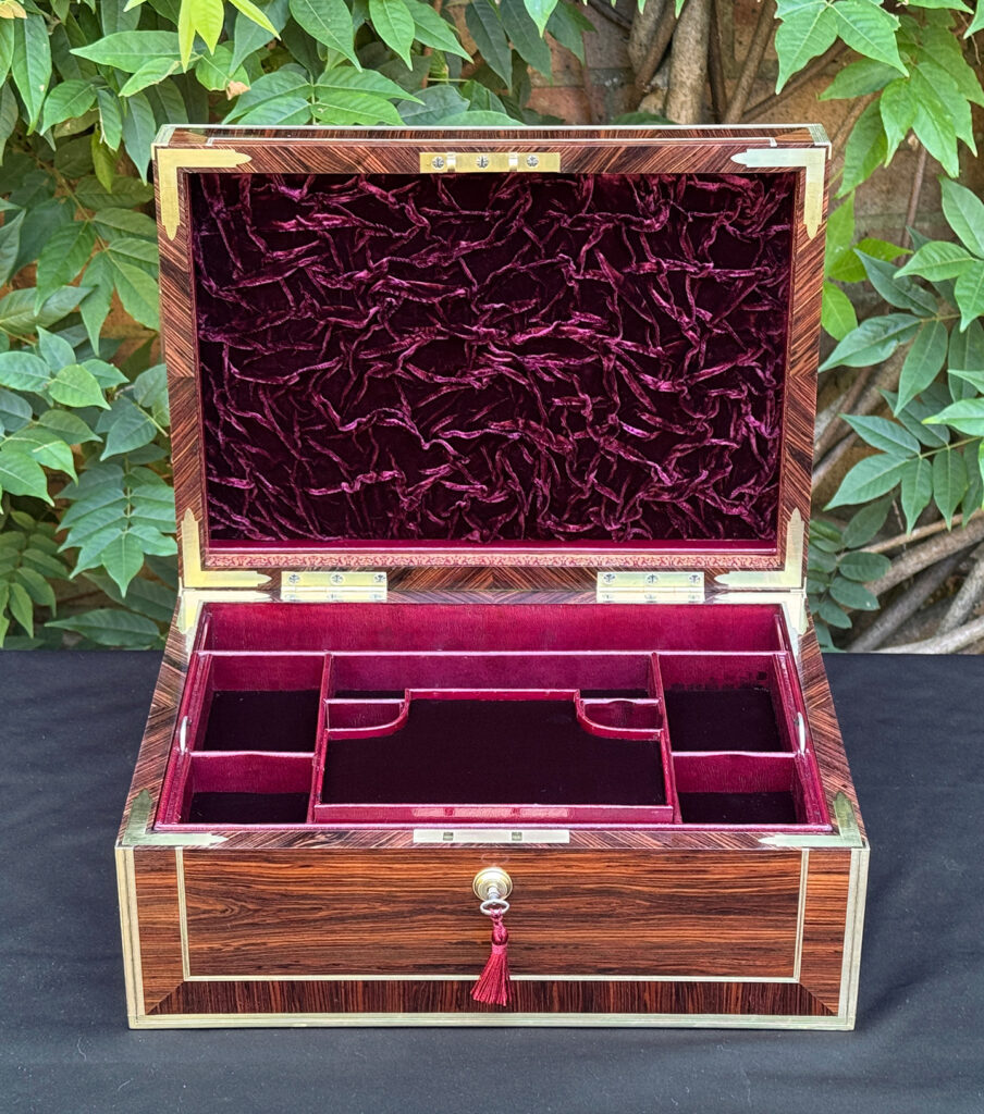 Front interior view of an antique jewellery box in kingwood, by David Edwards.