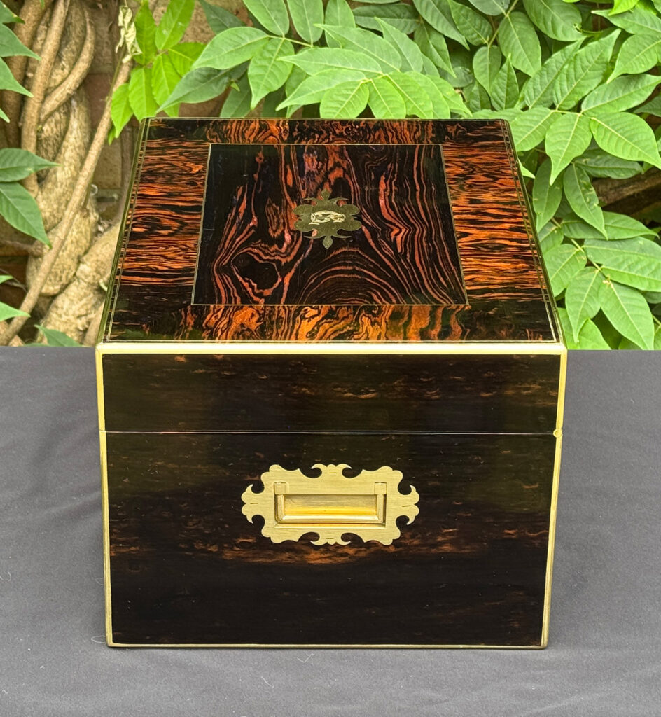 Right side view of an antique jewellery box in calamander.