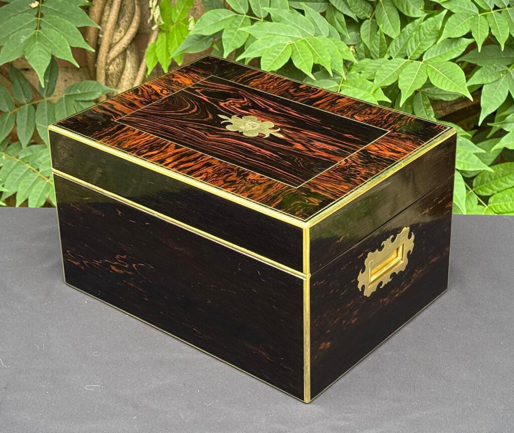 Rear left view of an antique jewellery box in calamander.