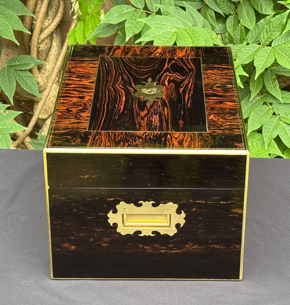 Left side view of an antique jewellery box in calamander.