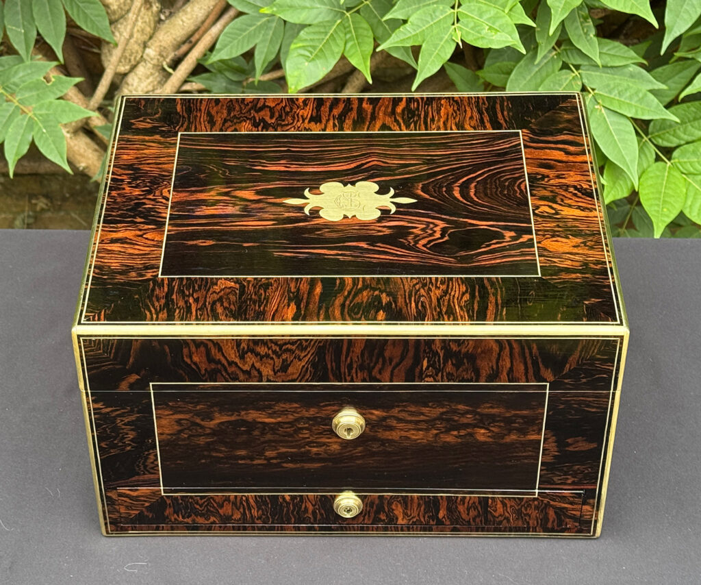 Overhead view of an antique jewellery box in calamander.