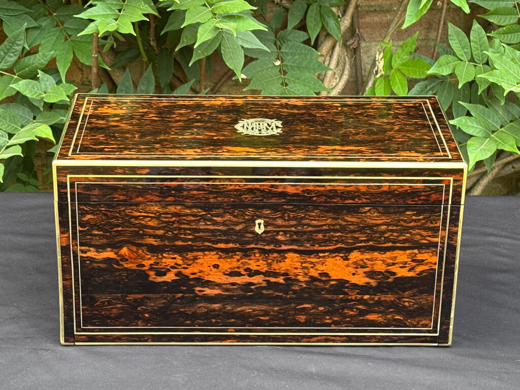 Front view of an antique jewellery box in coromandel, by William Lund.