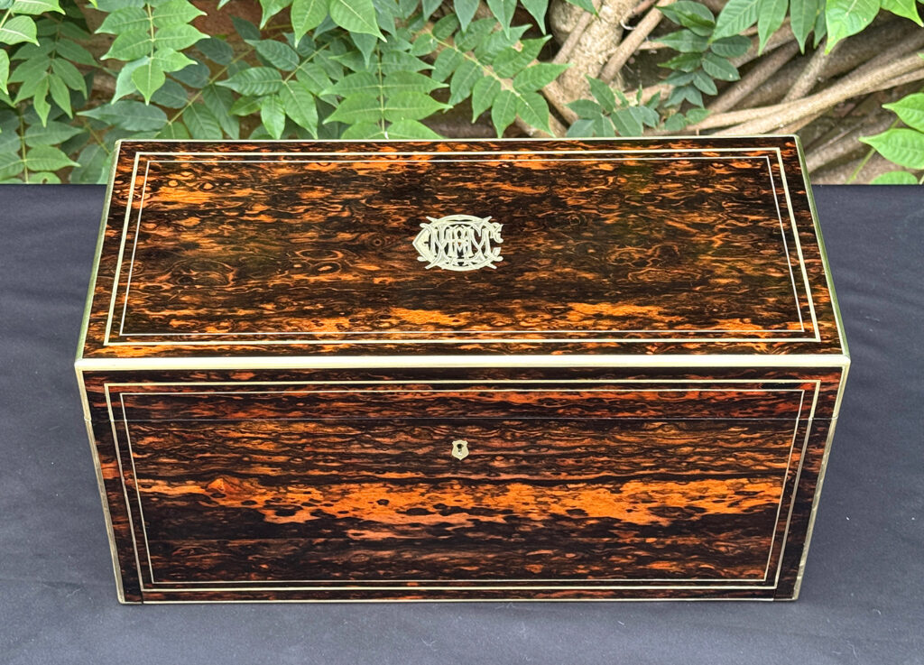 Overhead view of an antique jewellery box in coromandel, by William Lund.