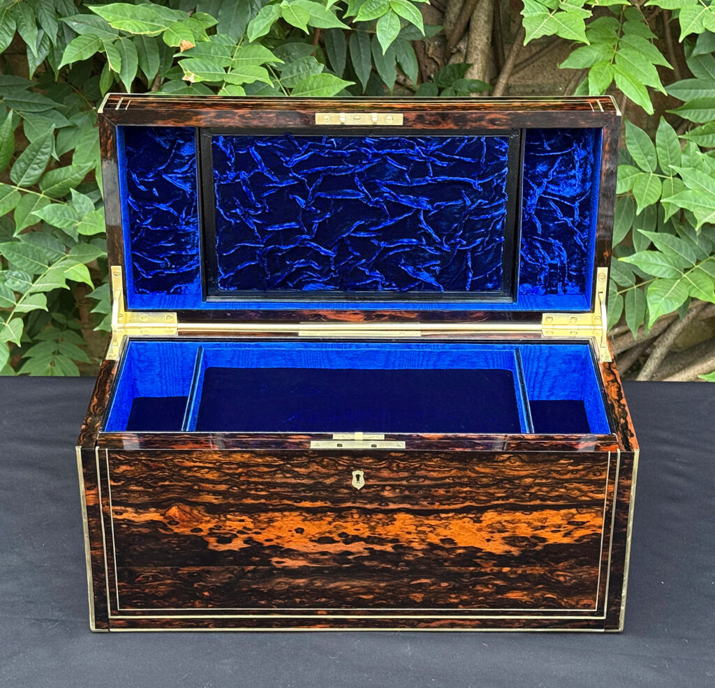 Front interior view of an antique jewellery box in coromandel, by William Lund.